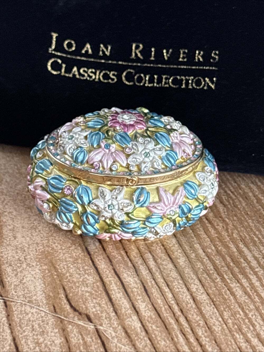 Joan Rivers Small Yellow Oval Floral Trinket Box Metal Pink Blue